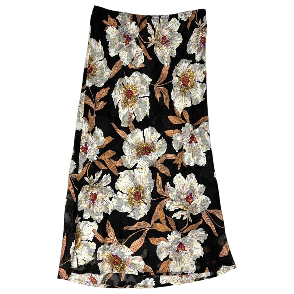 BOG Collective Black Floral Midi Skirt Large Floral Boho‎ Skirt M NWT